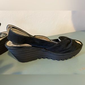 Fly London Black Suede Slingback Wedge Sandal